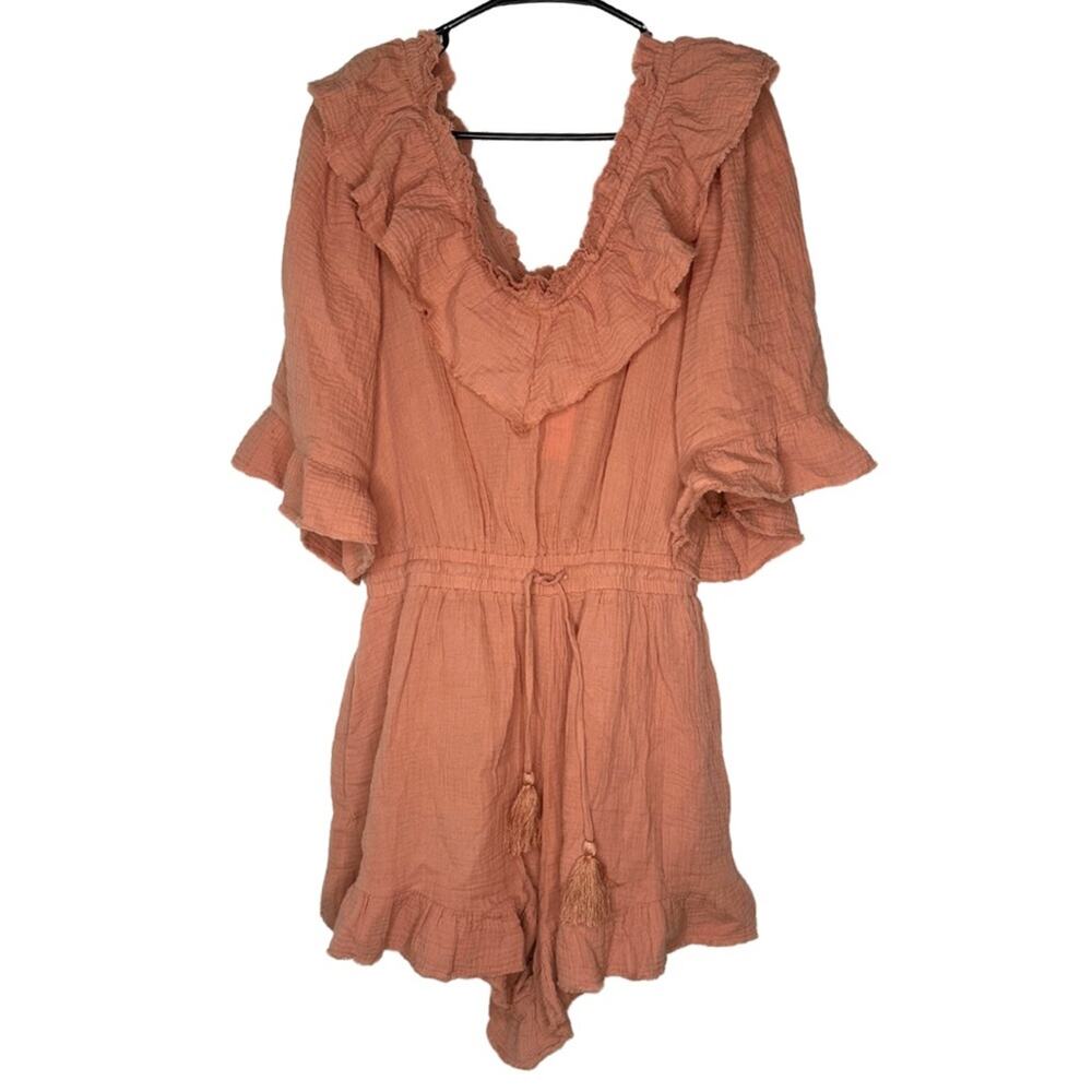 Free The Roses Ruffle Detail Romper Rust Size L Drawstring Waist V Neck Muslin - Picture 3 of 13